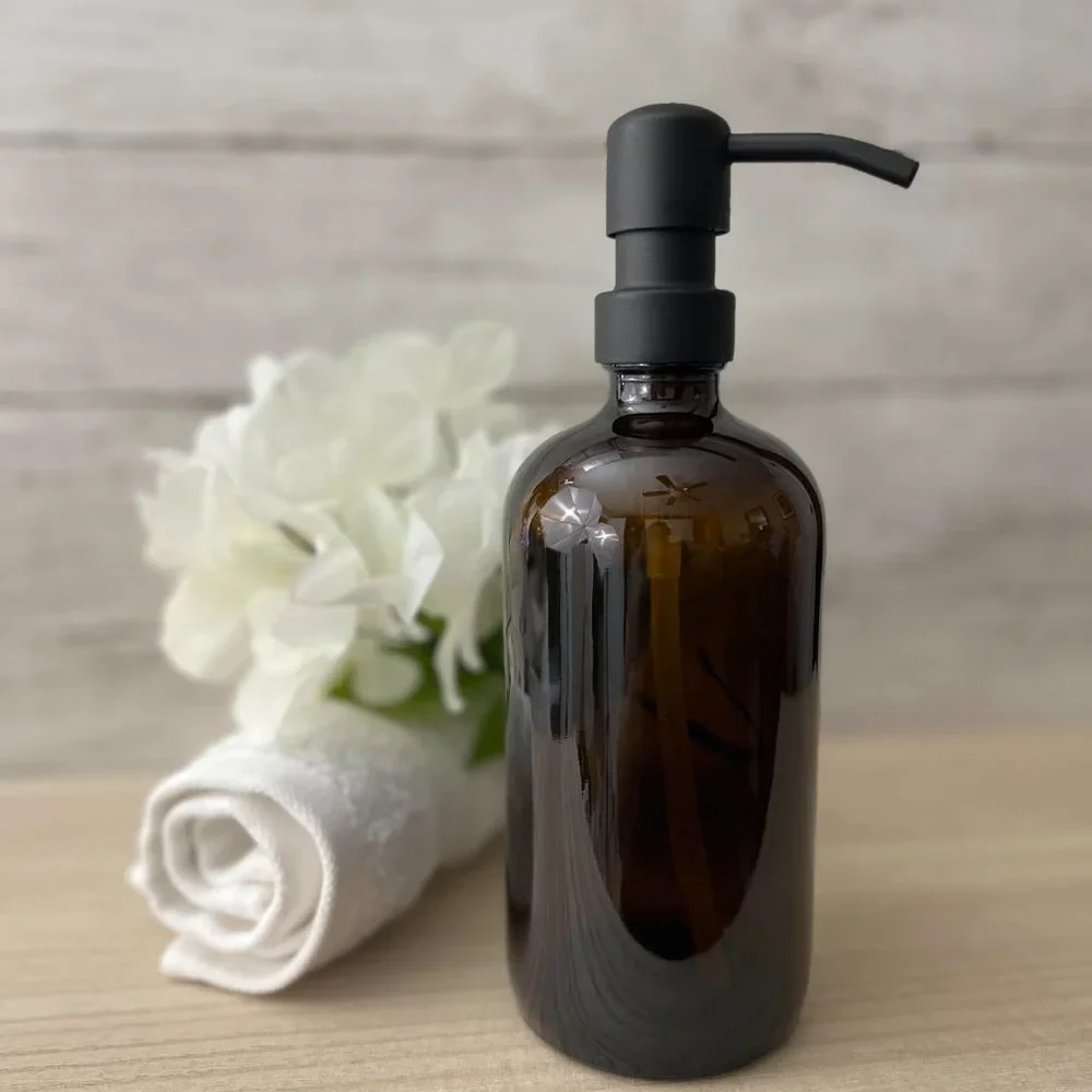 16 OZ. GLASS SOAP DISPENSER W/ METAL PUMP (AMBER GLASS/BLACK PUMP)